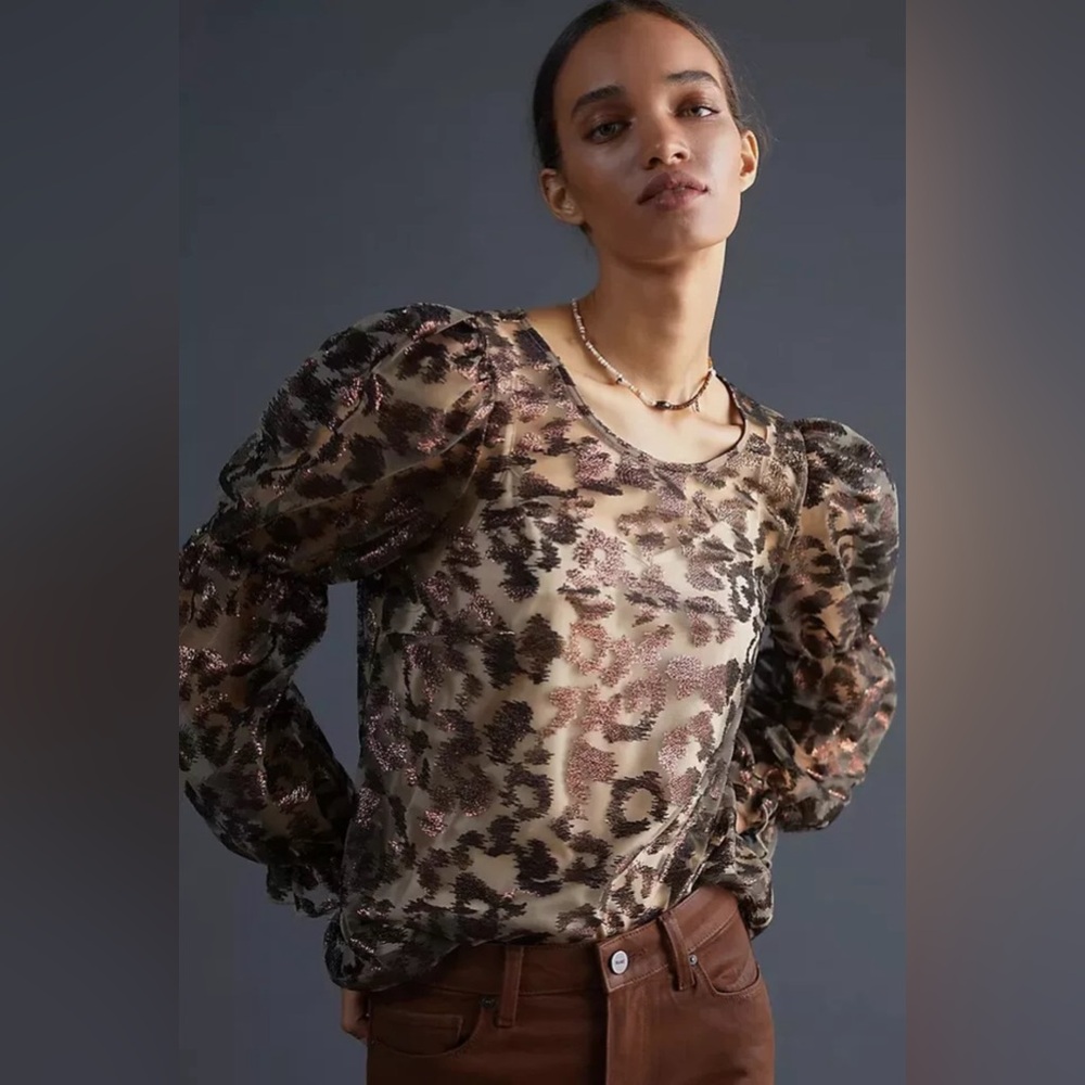 Eva Franco Sheer Leopard Top in Brown‎ Crew Neck Puff Sleeve size small